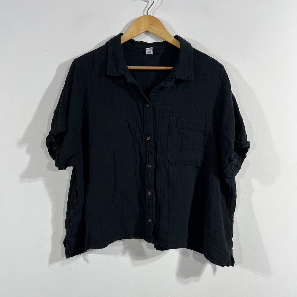 Old Navy Preppy Boho Black Double Gauze Cotton Boxy Button Front Shirt Women XXL